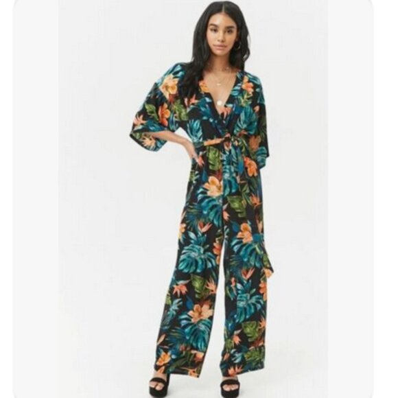 Floral Jumpsuit Wrap V Neck Belted Tropical Hawaiian Open Back Romper Vacation S - Picture 1 of 1